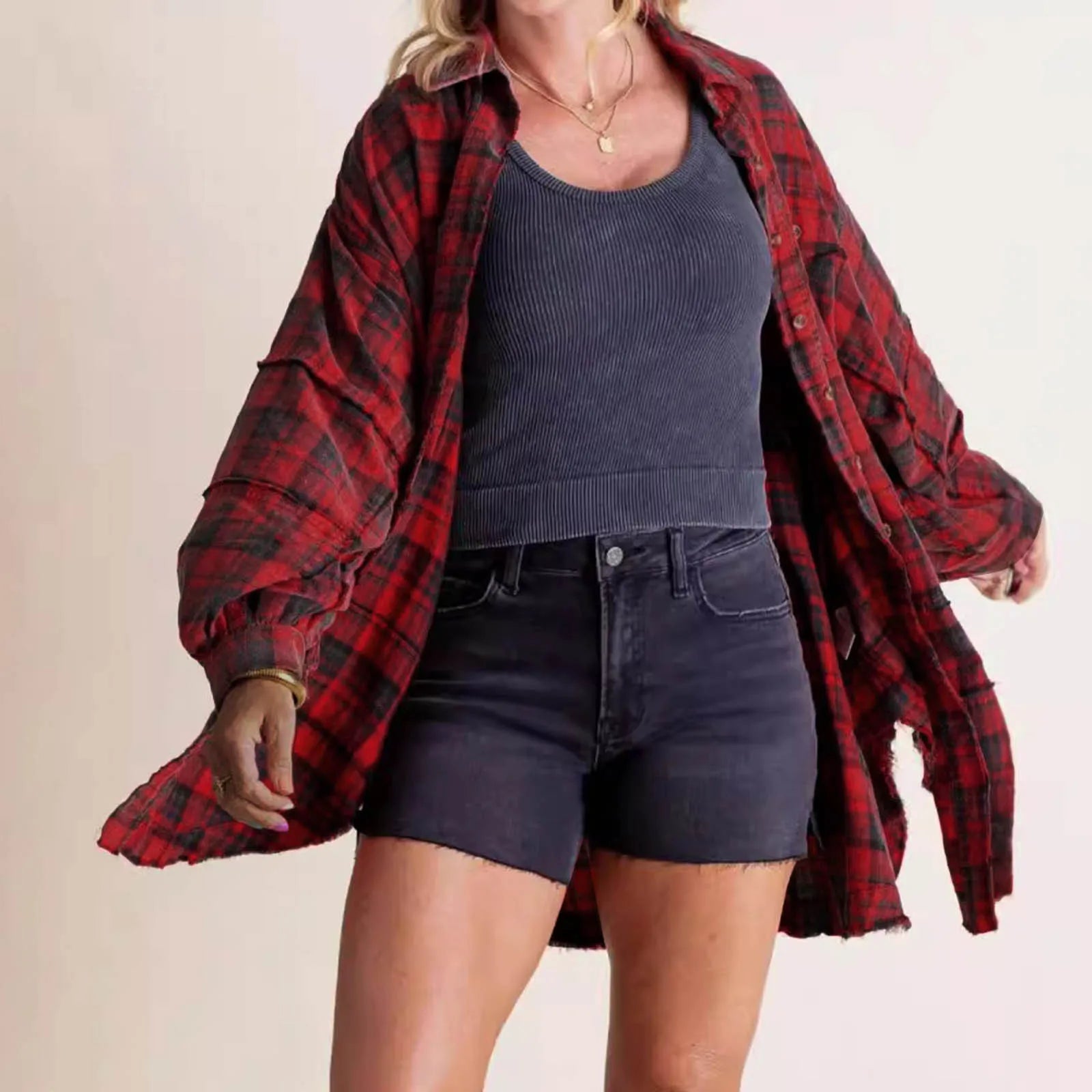 Women's Plaid Tassel Shirt Coat